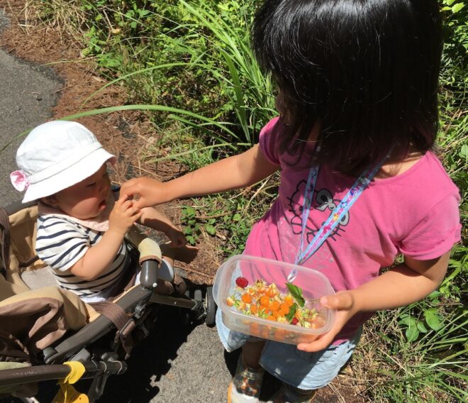 木苺を食べる幼い姉妹