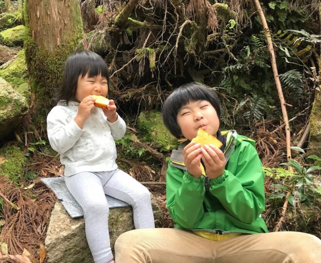 屋久島の森でカステラを頬張る姉妹